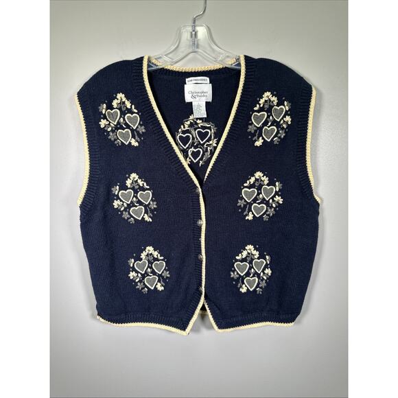 Christopher & Banks Sweaters - VTG Christopher Banks Sweater Vest L Hand Knitted Hearts Embroidered Granny Core